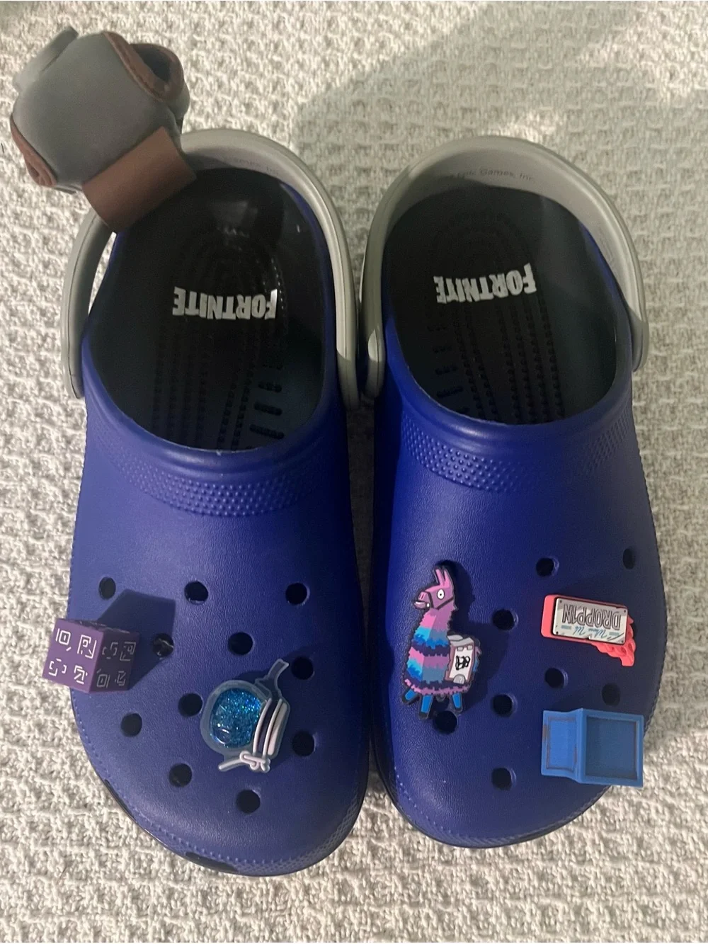 CROCS Men’s Purple-Blue Slip-On Clogs with Fortnite Jibbitz